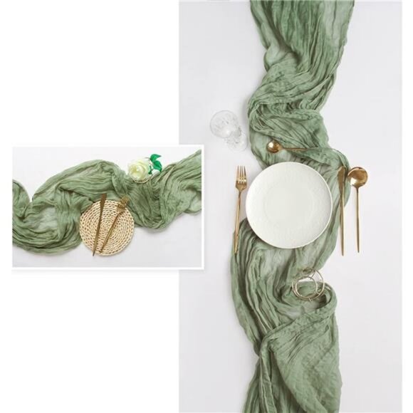 Cheesecloth Table Runner Sage Green  120" x 35" Rustic Gauze Spring Table Runner - Picture 6 of 7
